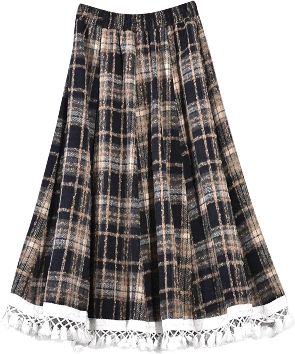 Lace Trim Plaid Skirt for Women Vintage Wool Blend Tiered Elastic Waist A-Line Skirts Ruffle Swing Midi Long Skirts