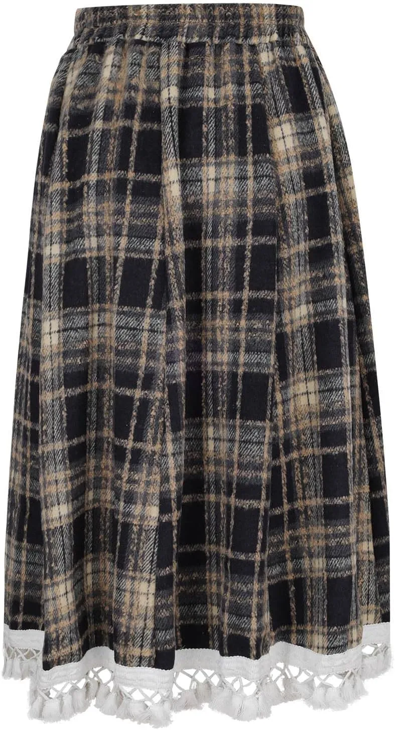 Lace Trim Plaid Skirt for Women Vintage Wool Blend Tiered Elastic Waist A-Line Skirts Ruffle Swing Midi Long Skirts