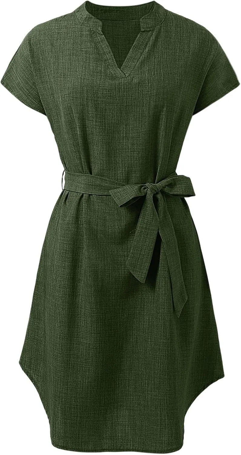 Lightweight Linen Shirt Dress Summer Beach Short Sleeve Midi Dresses with Belt Party Comfy Church Outfits for Women