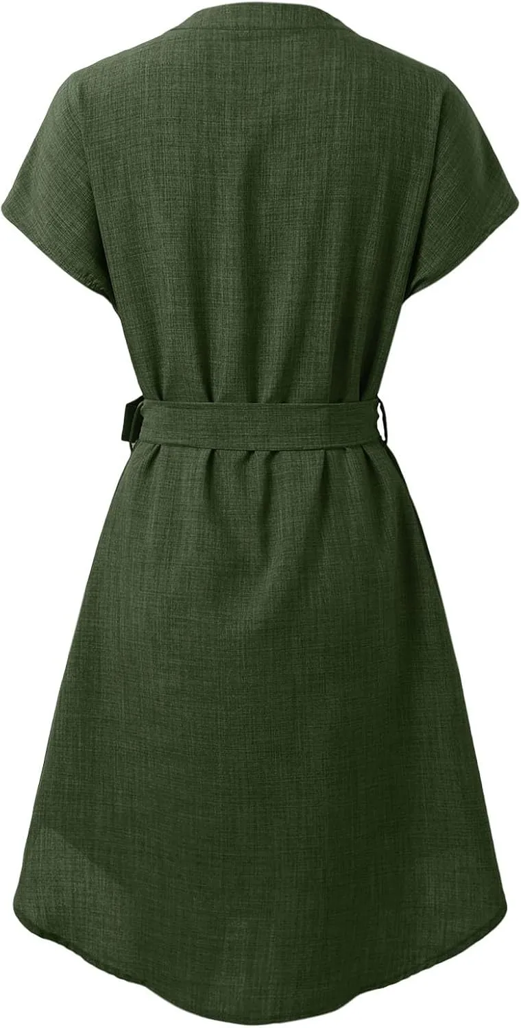 Lightweight Linen Shirt Dress Summer Beach Short Sleeve Midi Dresses with Belt Party Comfy Church Outfits for Women