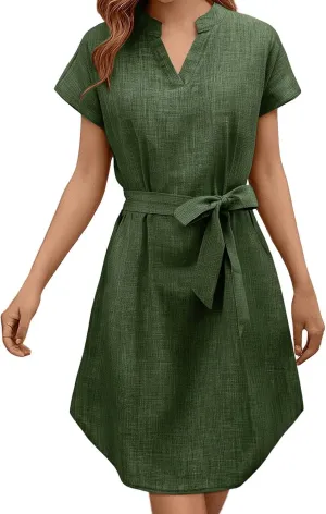 Lightweight Linen Shirt Dress Summer Beach Short Sleeve Midi Dresses with Belt Party Comfy Church Outfits for Women