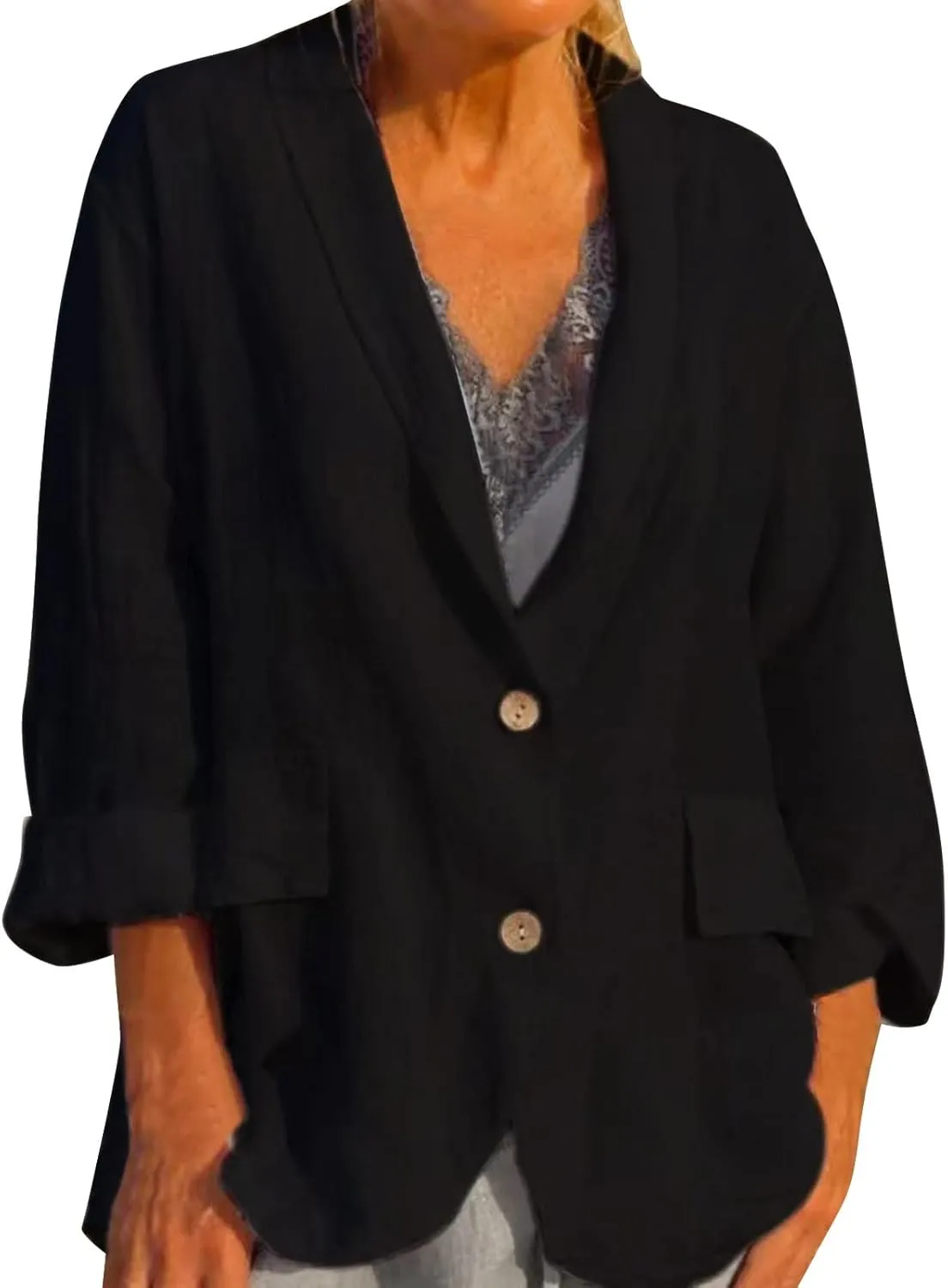 Linen Blazers for Women Business Professional Office Outfits Long Sleeve Single Breasted Unlined Work Suit Jackets