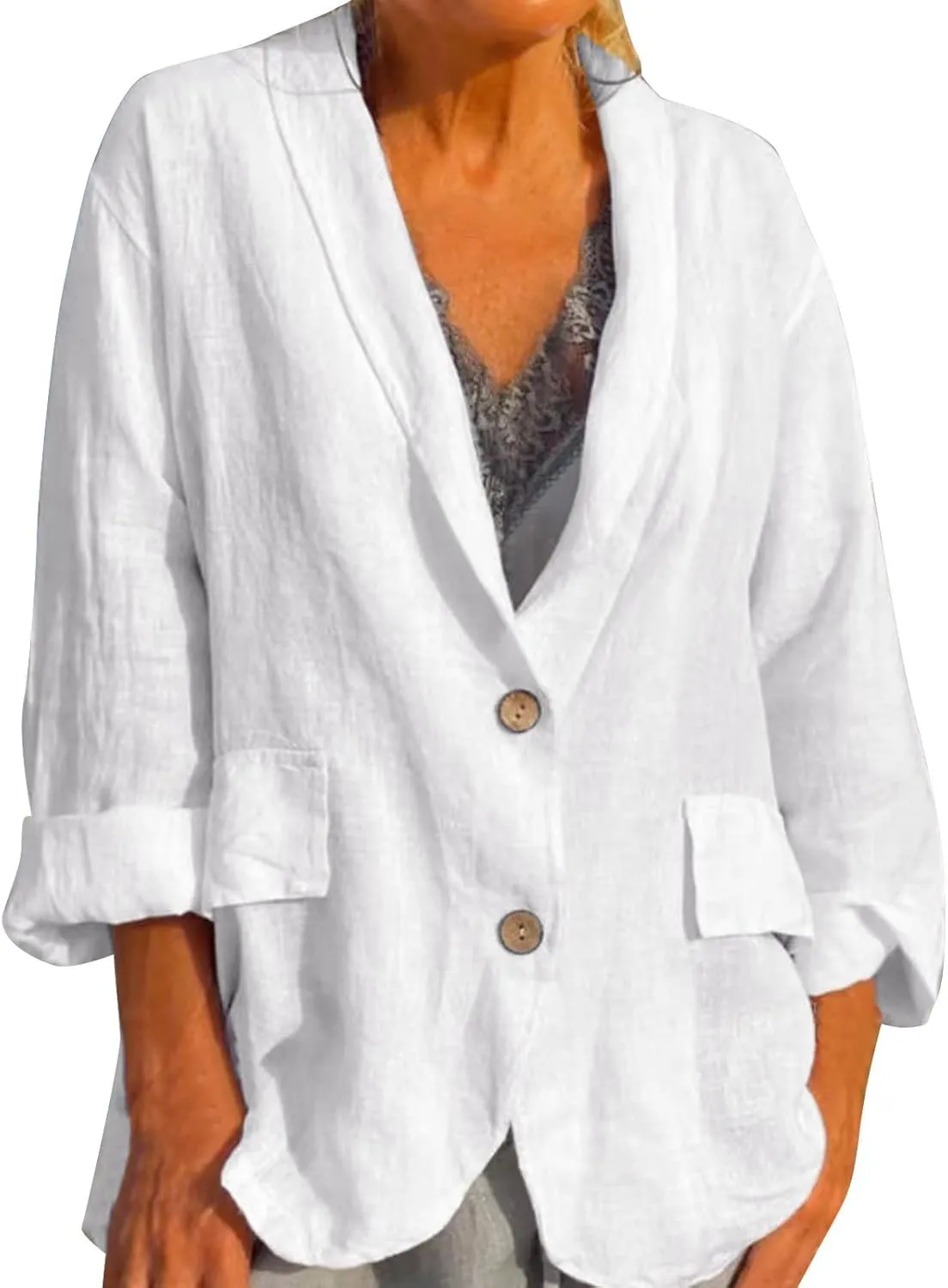 Linen Blazers for Women Business Professional Office Outfits Long Sleeve Single Breasted Unlined Work Suit Jackets