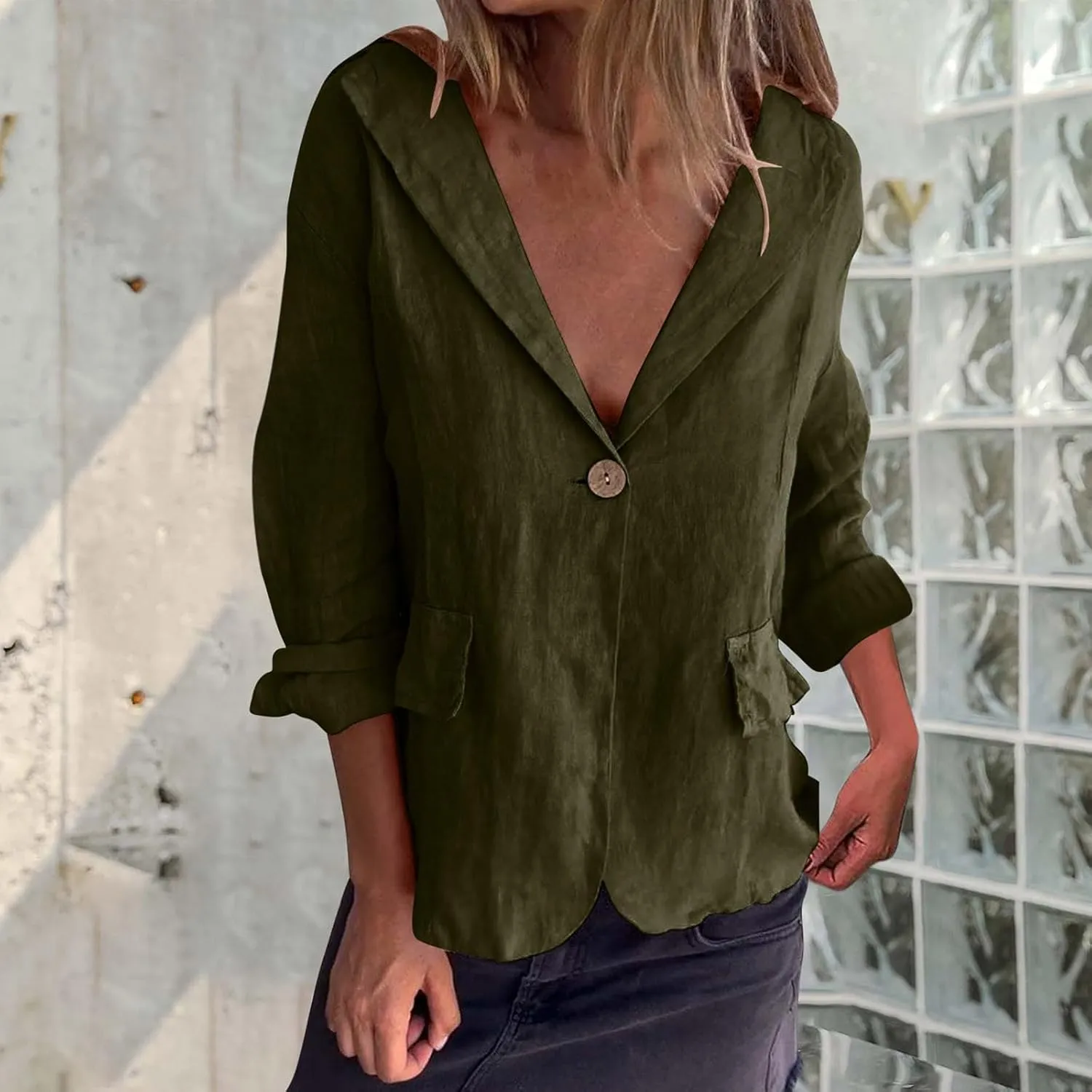 Linen Jackets for Women One Button Long Sleeve Blazers Lightweight Casual Jackets Oversized Blazers Work Outwear