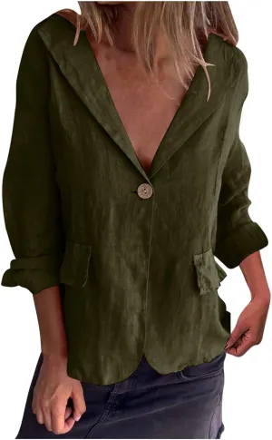 Linen Jackets for Women One Button Long Sleeve Blazers Lightweight Casual Jackets Oversized Blazers Work Outwear