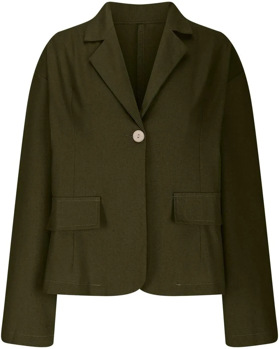 Linen Jackets for Women One Button Long Sleeve Blazers Lightweight Casual Jackets Oversized Blazers Work Outwear