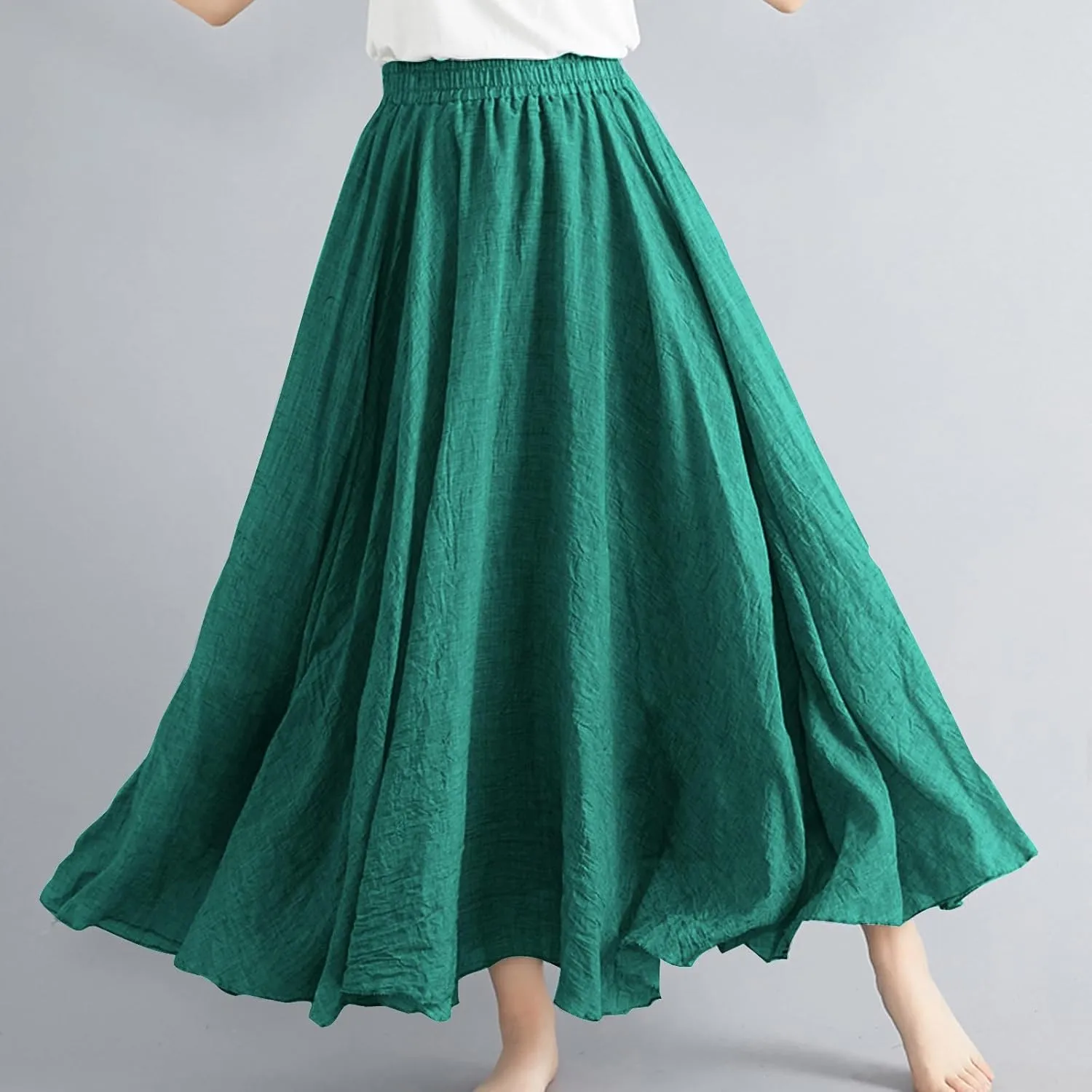 Linen Maxi Skirt for Women Summer Solid Elastic High Waist Pleated Boho Skirts Casual Bohemian Beach A-Line Skort