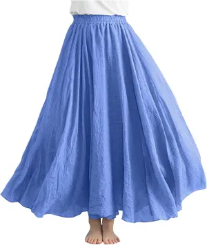 Linen Maxi Skirt for Women Summer Solid Elastic High Waist Pleated Boho Skirts Casual Bohemian Beach A-Line Skort