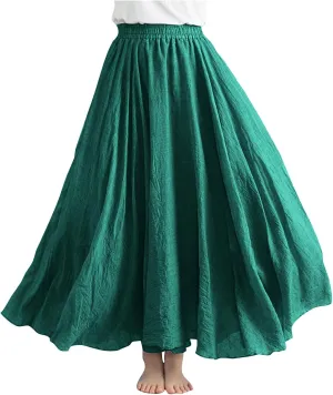 Linen Maxi Skirt for Women Summer Solid Elastic High Waist Pleated Boho Skirts Casual Bohemian Beach A-Line Skort