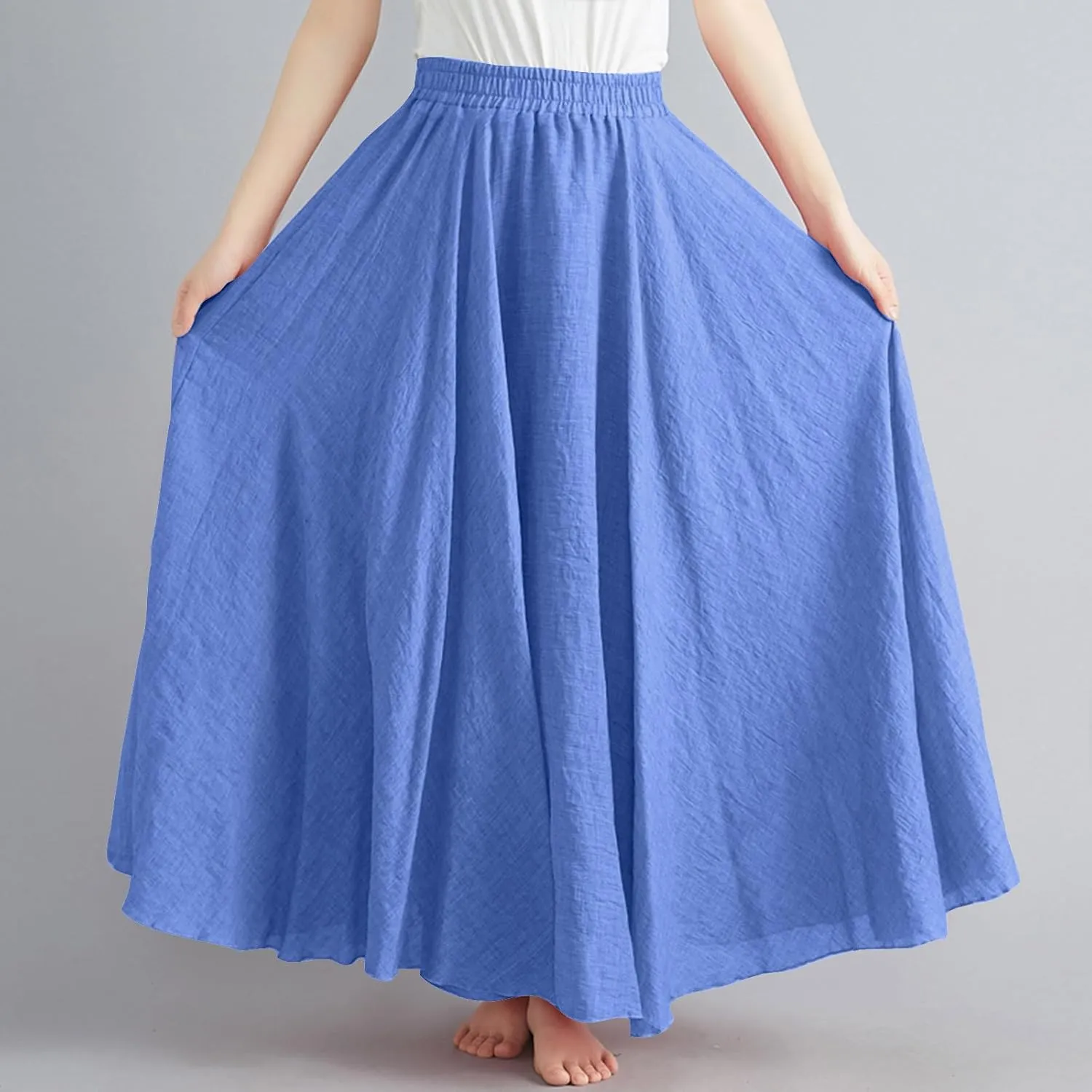 Linen Maxi Skirt for Women Summer Solid Elastic High Waist Pleated Boho Skirts Casual Bohemian Beach A-Line Skort