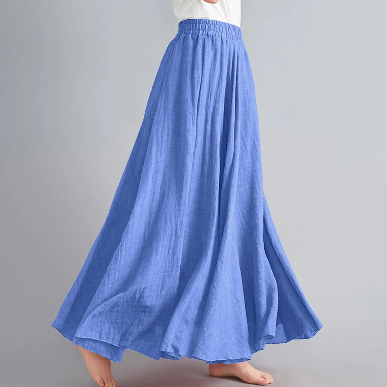 Linen Maxi Skirt for Women Summer Solid Elastic High Waist Pleated Boho Skirts Casual Bohemian Beach A-Line Skort