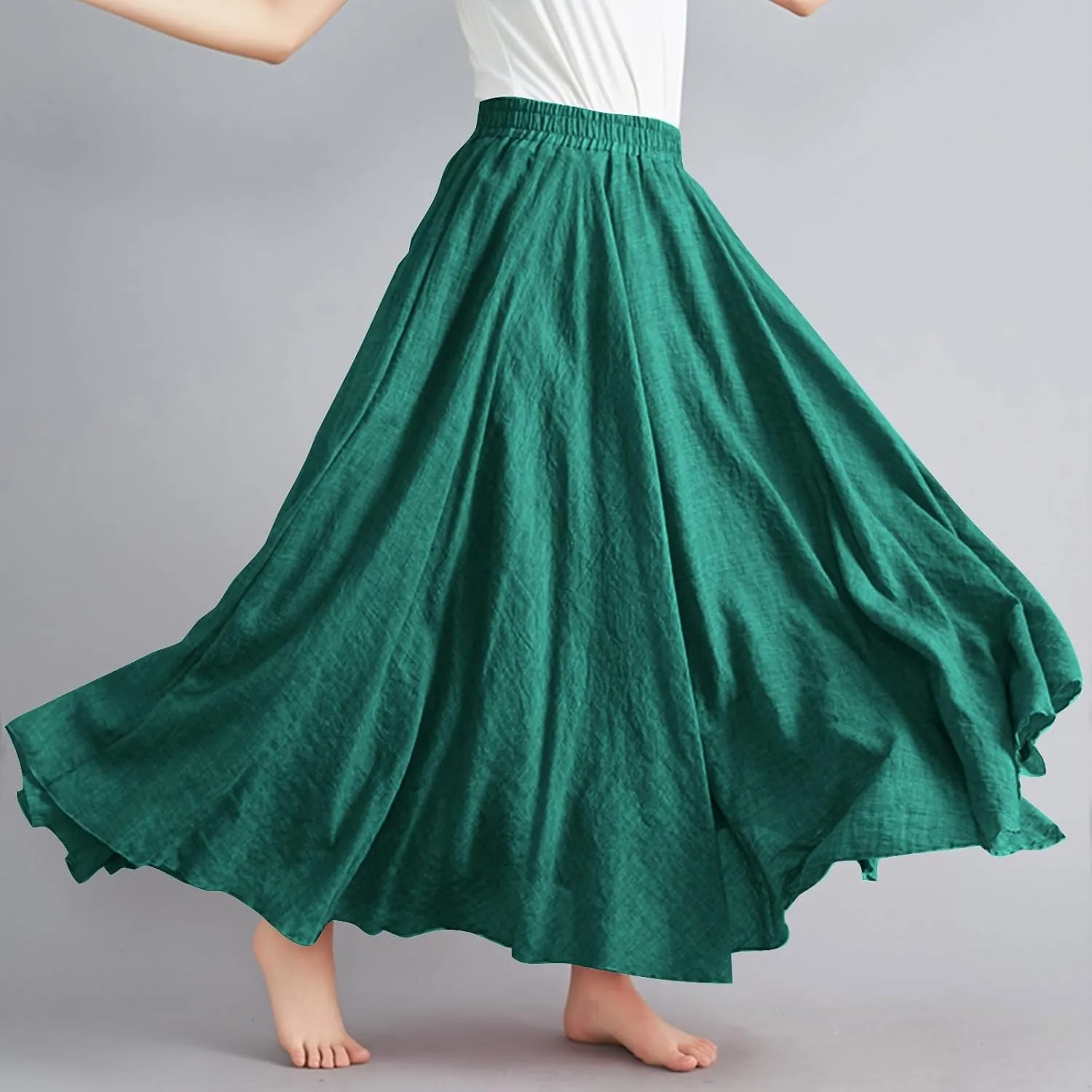 Linen Maxi Skirt for Women Summer Solid Elastic High Waist Pleated Boho Skirts Casual Bohemian Beach A-Line Skort