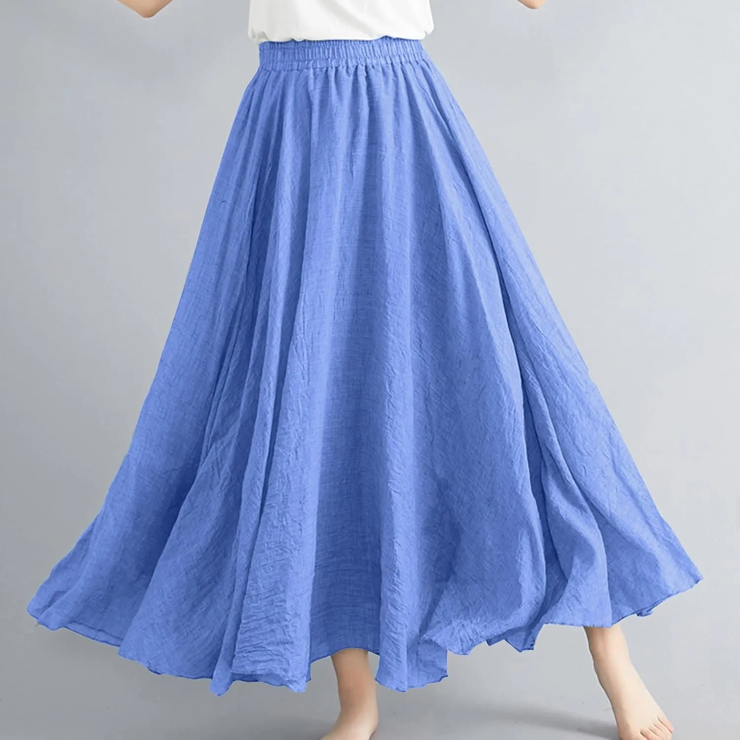 Linen Maxi Skirt for Women Summer Solid Elastic High Waist Pleated Boho Skirts Casual Bohemian Beach A-Line Skort