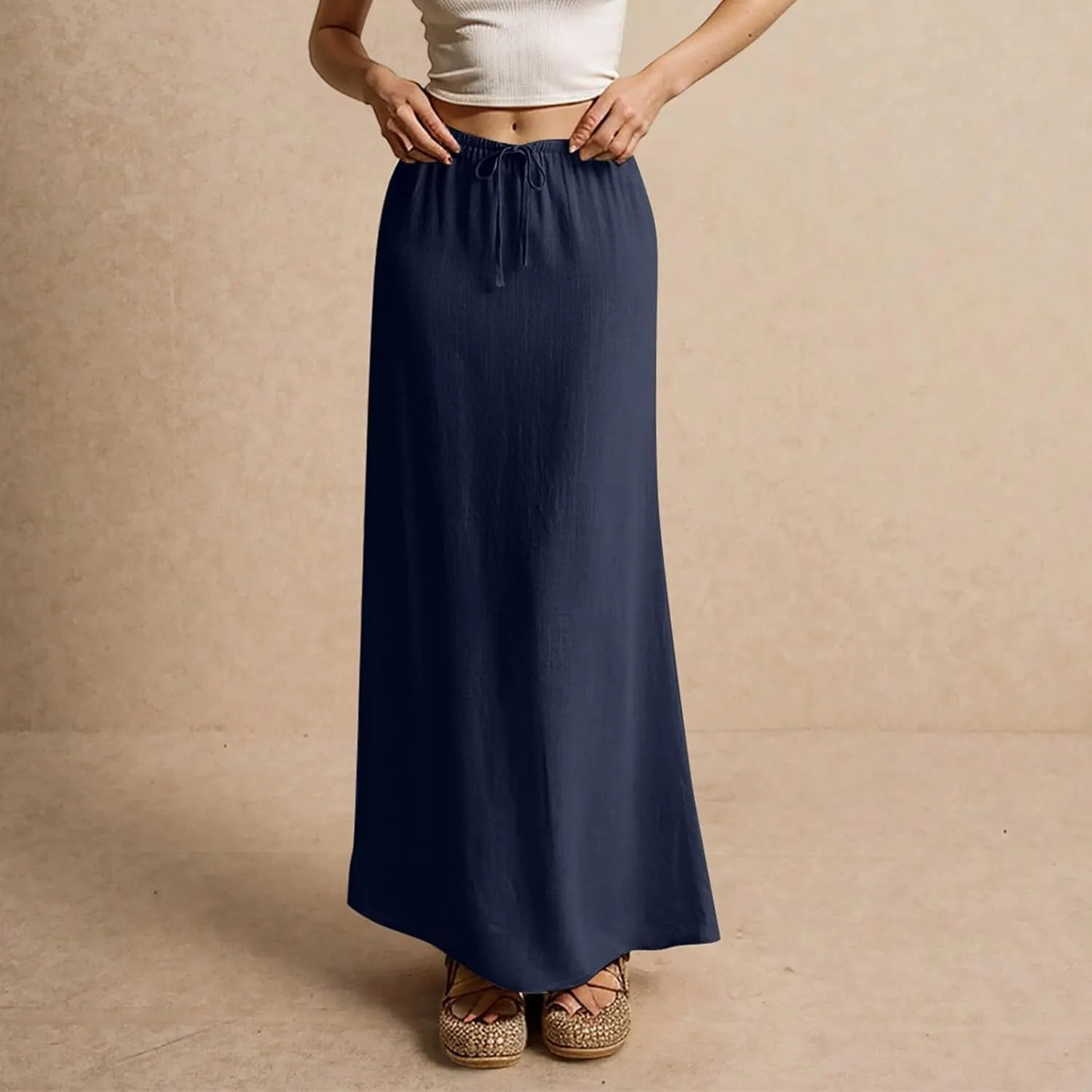 Linen Maxi Skirts for Women Trendy Summer Comfy Drawstring A Line Skirts Casual Beach Vacation Flowy Long Skirts
