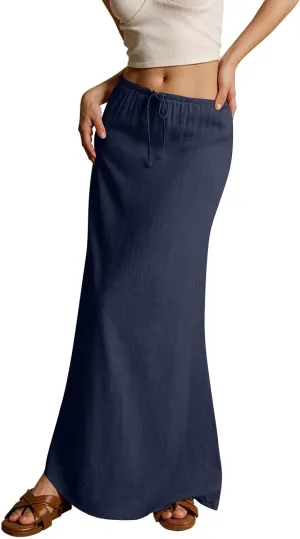 Linen Maxi Skirts for Women Trendy Summer Comfy Drawstring A Line Skirts Casual Beach Vacation Flowy Long Skirts