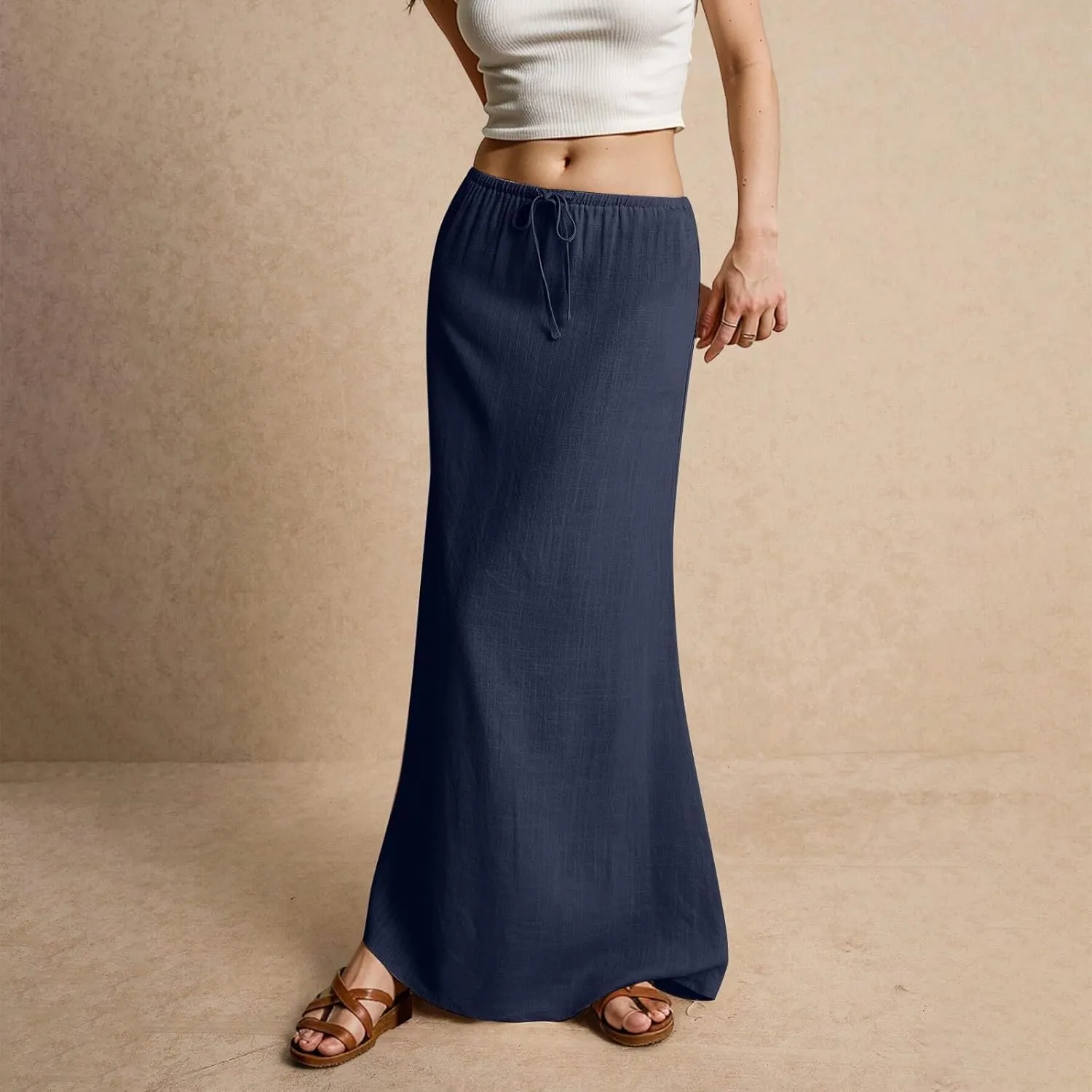 Linen Maxi Skirts for Women Trendy Summer Comfy Drawstring A Line Skirts Casual Beach Vacation Flowy Long Skirts