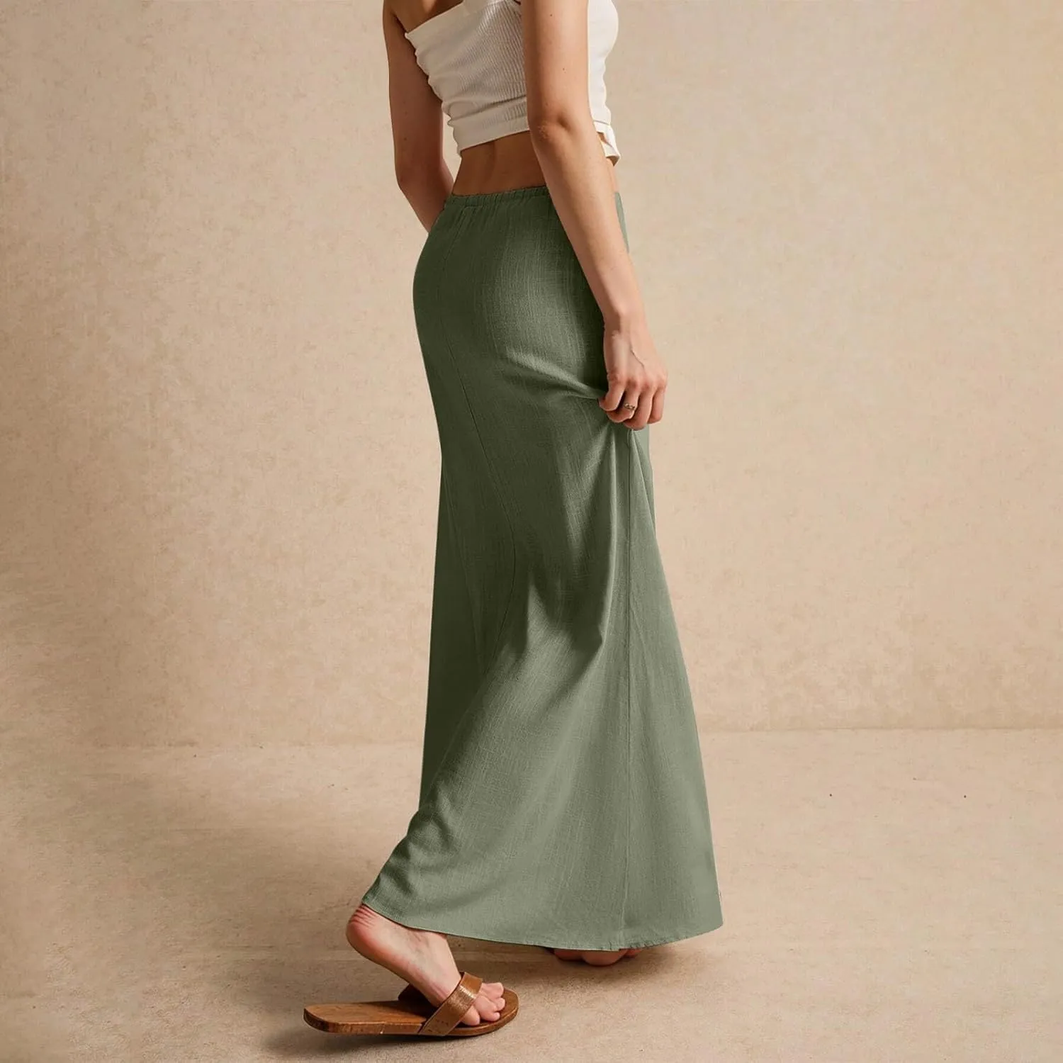 Linen Maxi Skirts for Women Trendy Summer Comfy Drawstring Waist A Line Skirts Cute Vacation Long Flowy Skirts