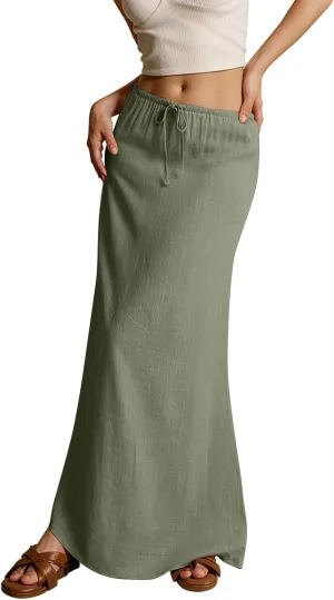 Linen Maxi Skirts for Women Trendy Summer Comfy Drawstring Waist A Line Skirts Cute Vacation Long Flowy Skirts