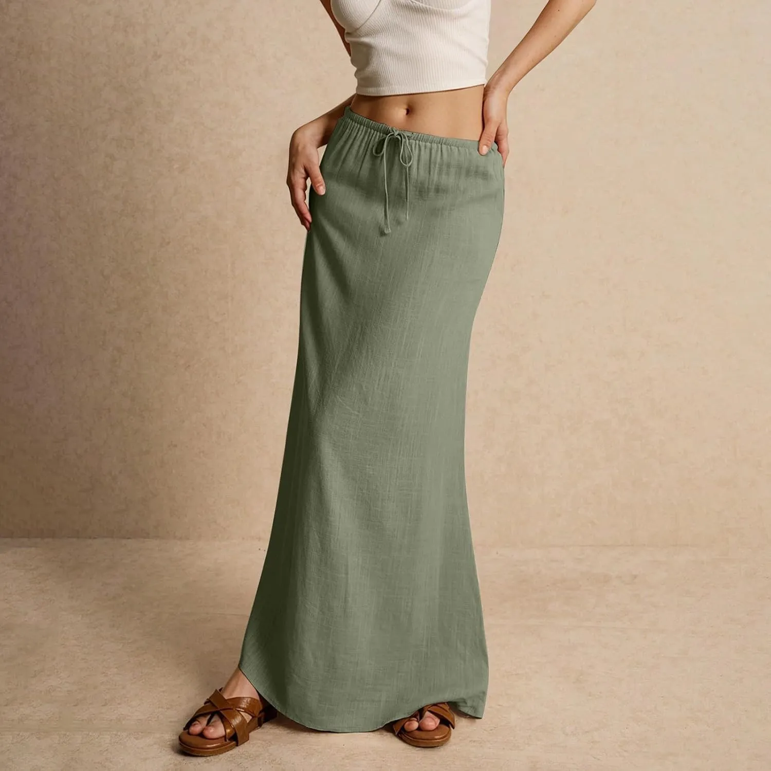 Linen Maxi Skirts for Women Trendy Summer Comfy Drawstring Waist A Line Skirts Cute Vacation Long Flowy Skirts