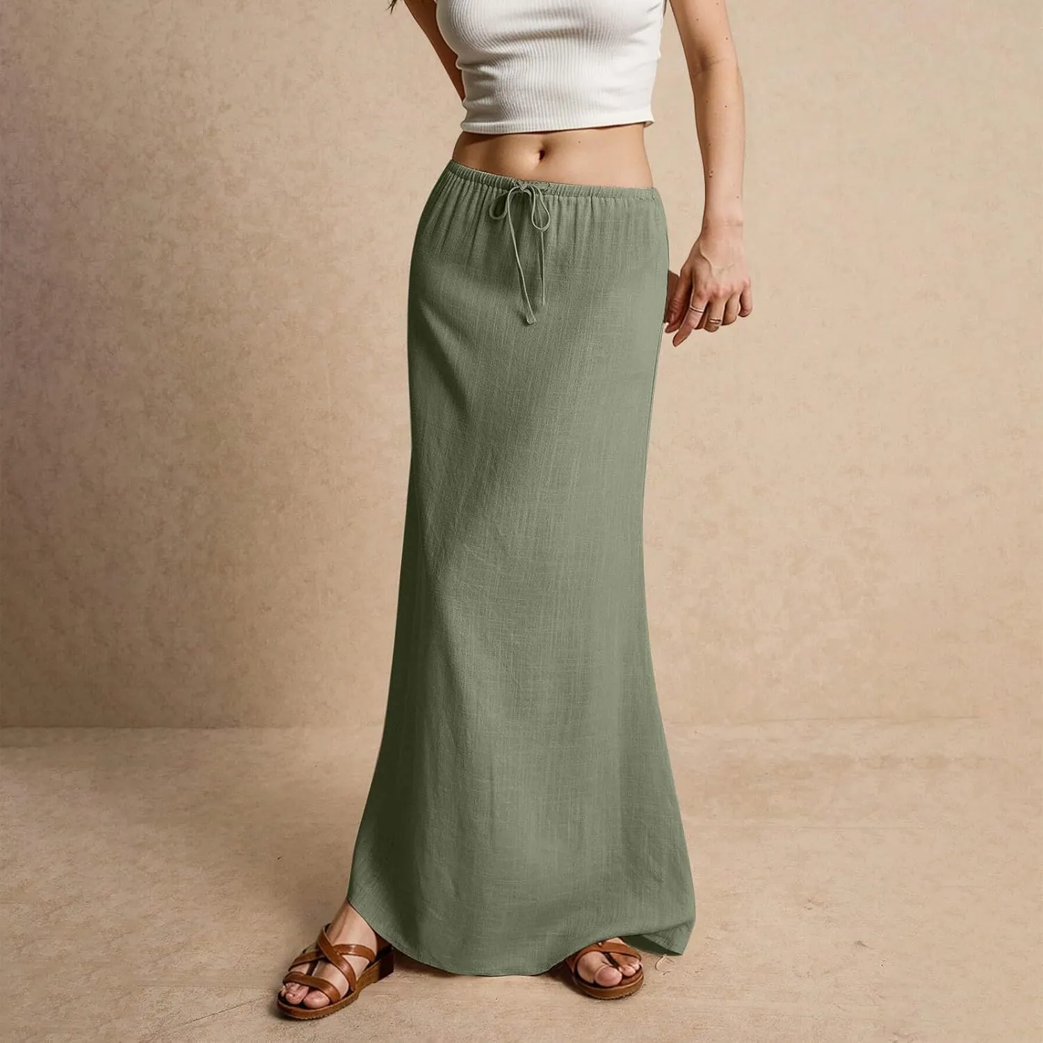 Linen Maxi Skirts for Women Trendy Summer Comfy Drawstring Waist A Line Skirts Cute Vacation Long Flowy Skirts