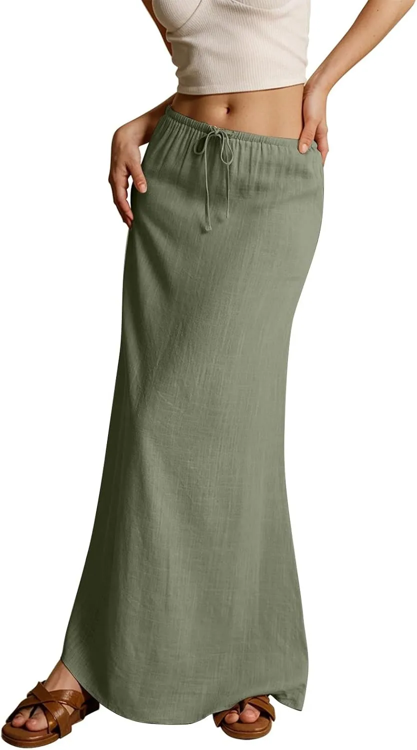 Linen Maxi Skirts for Women Trendy Summer Comfy Drawstring Waist A Line Skirts Cute Vacation Long Flowy Skirts