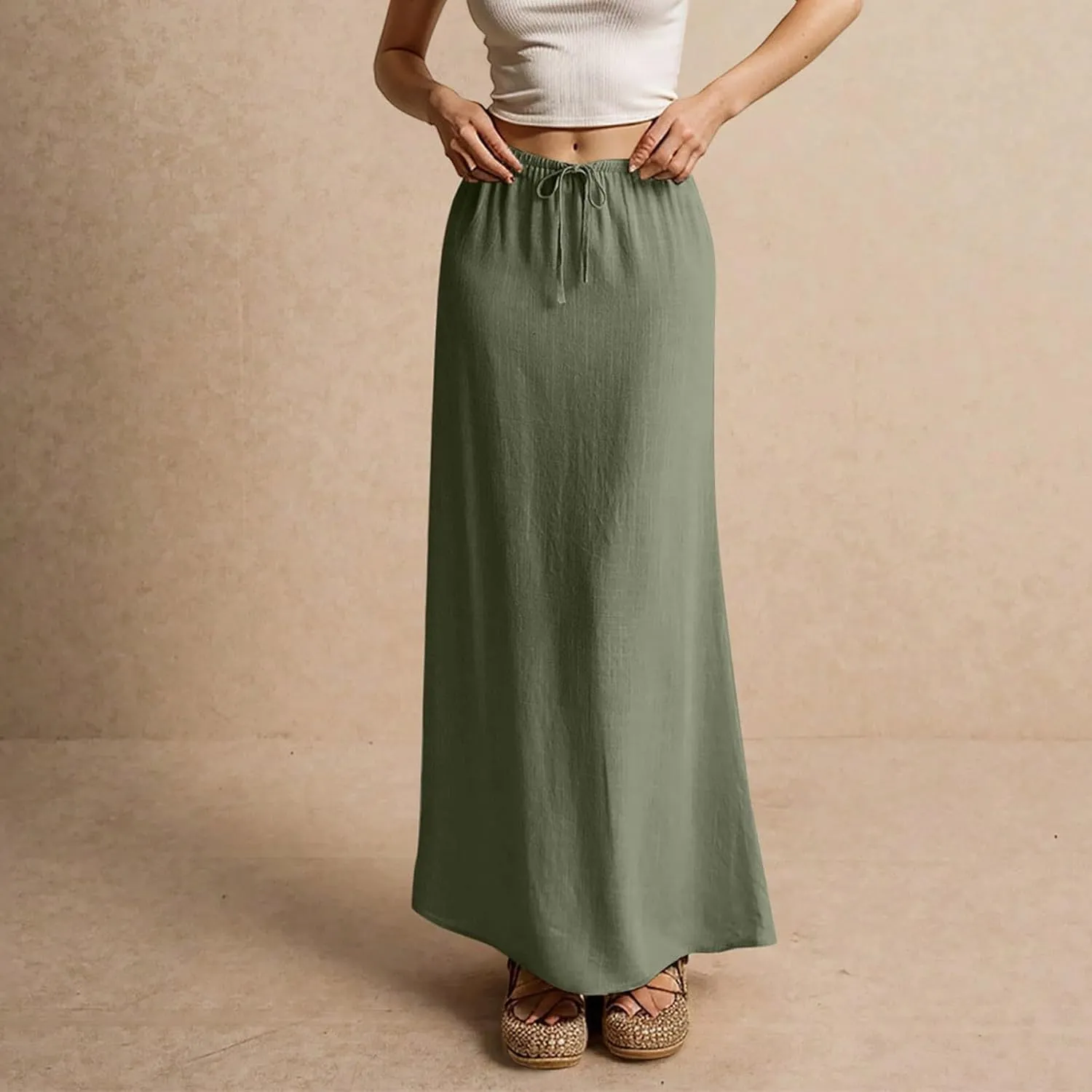 Linen Maxi Skirts for Women Trendy Summer Comfy Drawstring Waist A Line Skirts Cute Vacation Long Flowy Skirts