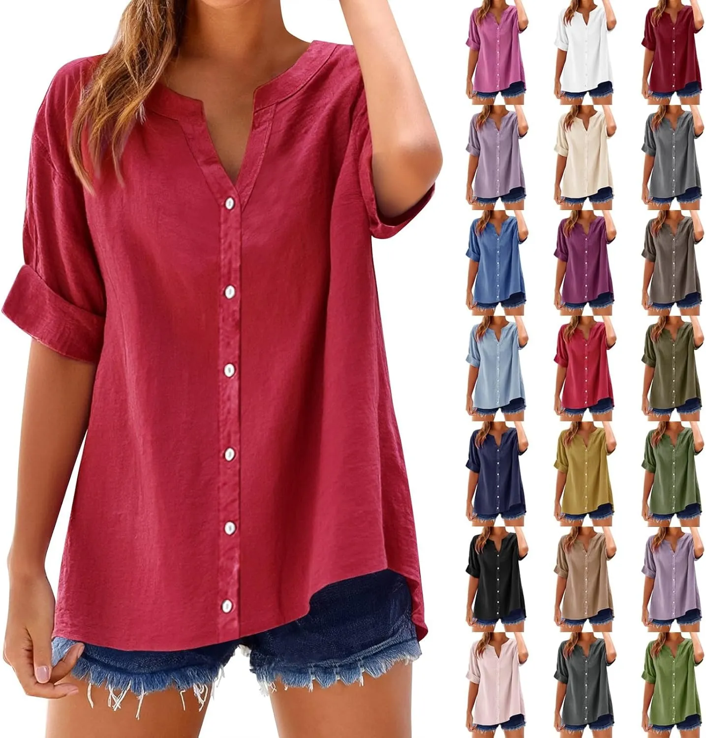Linen Shirts for Women Plus Size Button Down Cotton Gauze Tops Casual Dressy Roll Up Long Sleeve Loose Work Collared Shirts