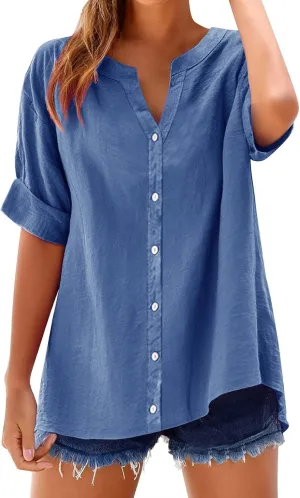 Linen Shirts for Women Plus Size Button Down Cotton Gauze Tops Casual Dressy Roll Up Long Sleeve Loose Work Collared Shirts
