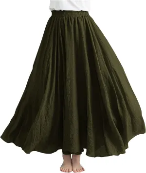 Linen Skirts Women Elastic Waist Boho Skirt Summer Beach Skirts Flowy Vacation Skirts Casual Maxi Skirts A Line Skirt