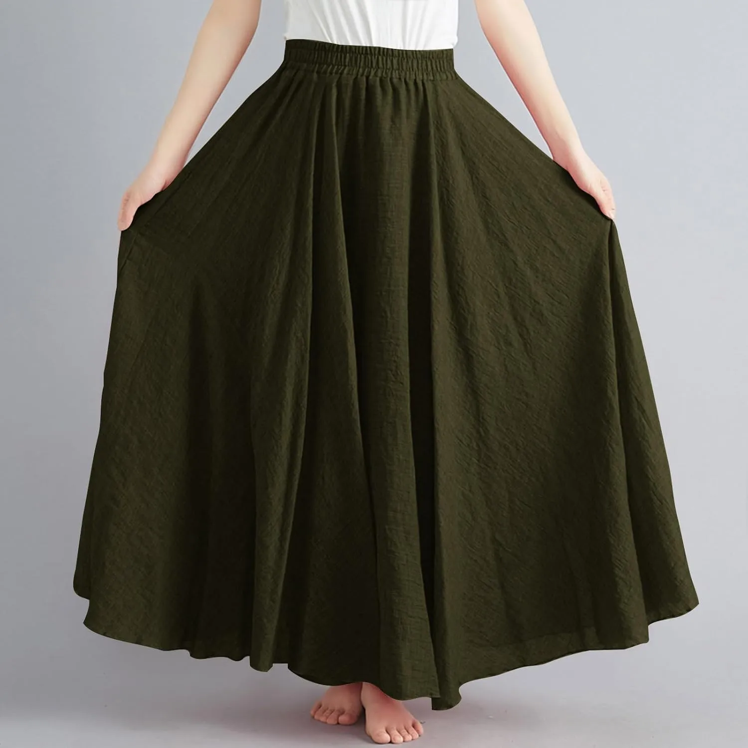 Linen Skirts Women Elastic Waist Boho Skirt Summer Beach Skirts Flowy Vacation Skirts Casual Maxi Skirts A Line Skirt