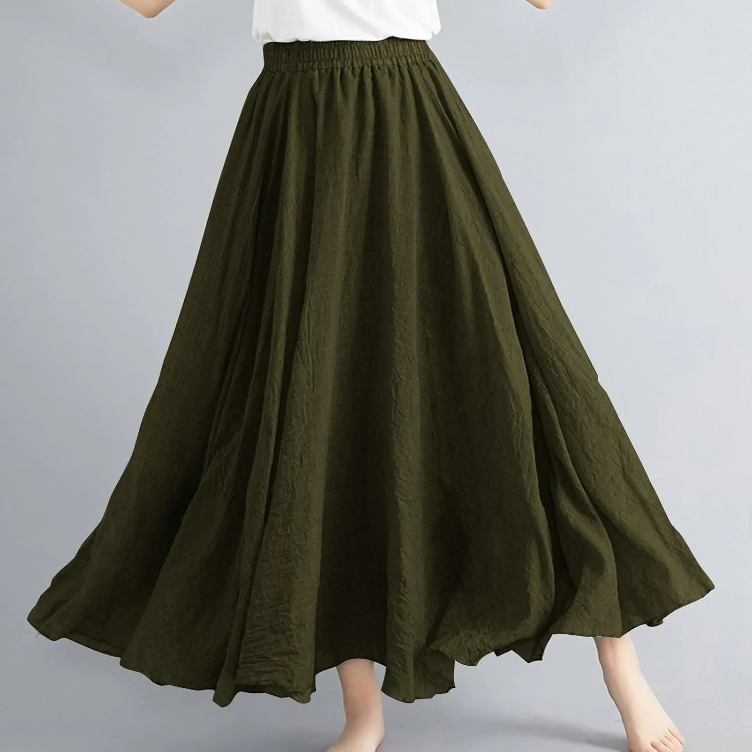 Linen Skirts Women Elastic Waist Boho Skirt Summer Beach Skirts Flowy Vacation Skirts Casual Maxi Skirts A Line Skirt
