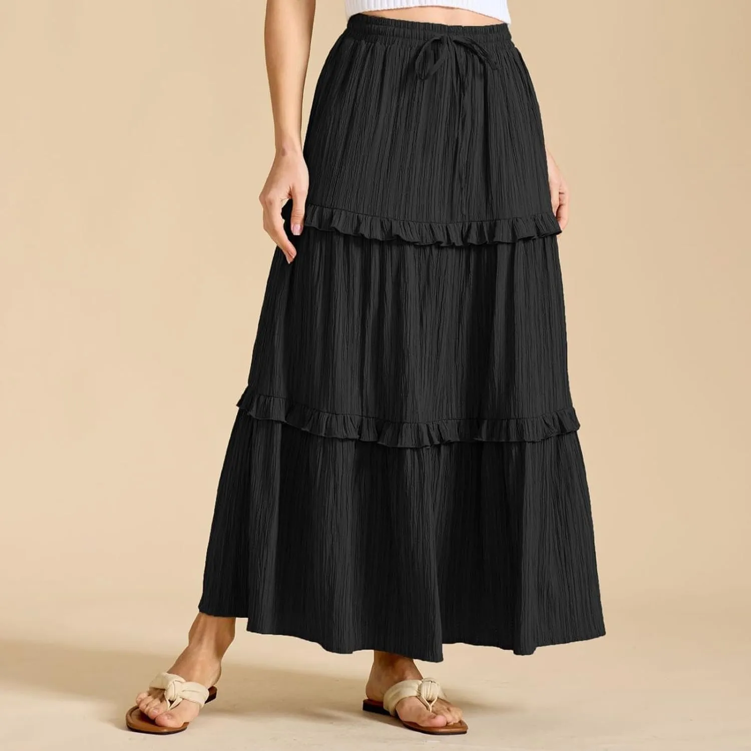 Lmdudan 2025 Women's Boho Tiered Maxi Skirt Elastic High Wasited Flowy Ruffle Skirts Beach Vacation Summer Long Skirt