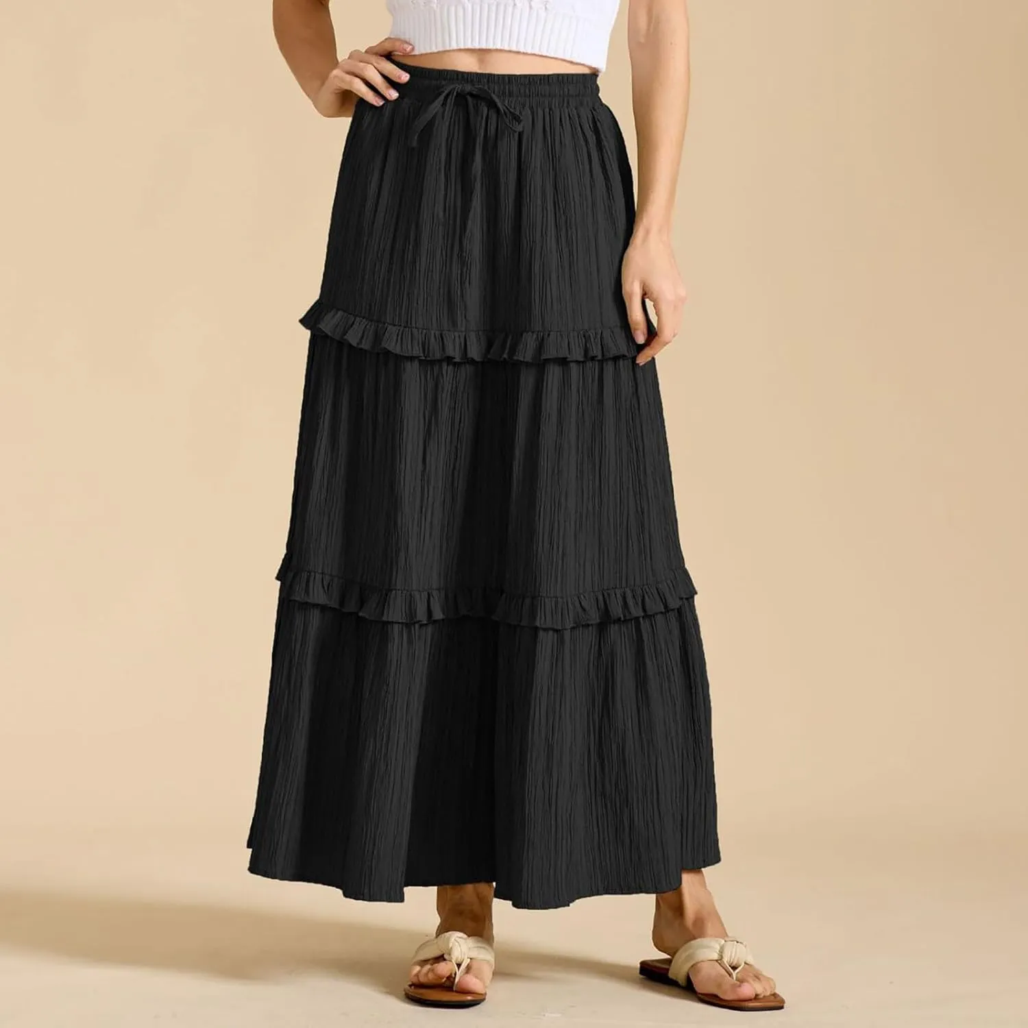 Lmdudan 2025 Women's Boho Tiered Maxi Skirt Elastic High Wasited Flowy Ruffle Skirts Beach Vacation Summer Long Skirt