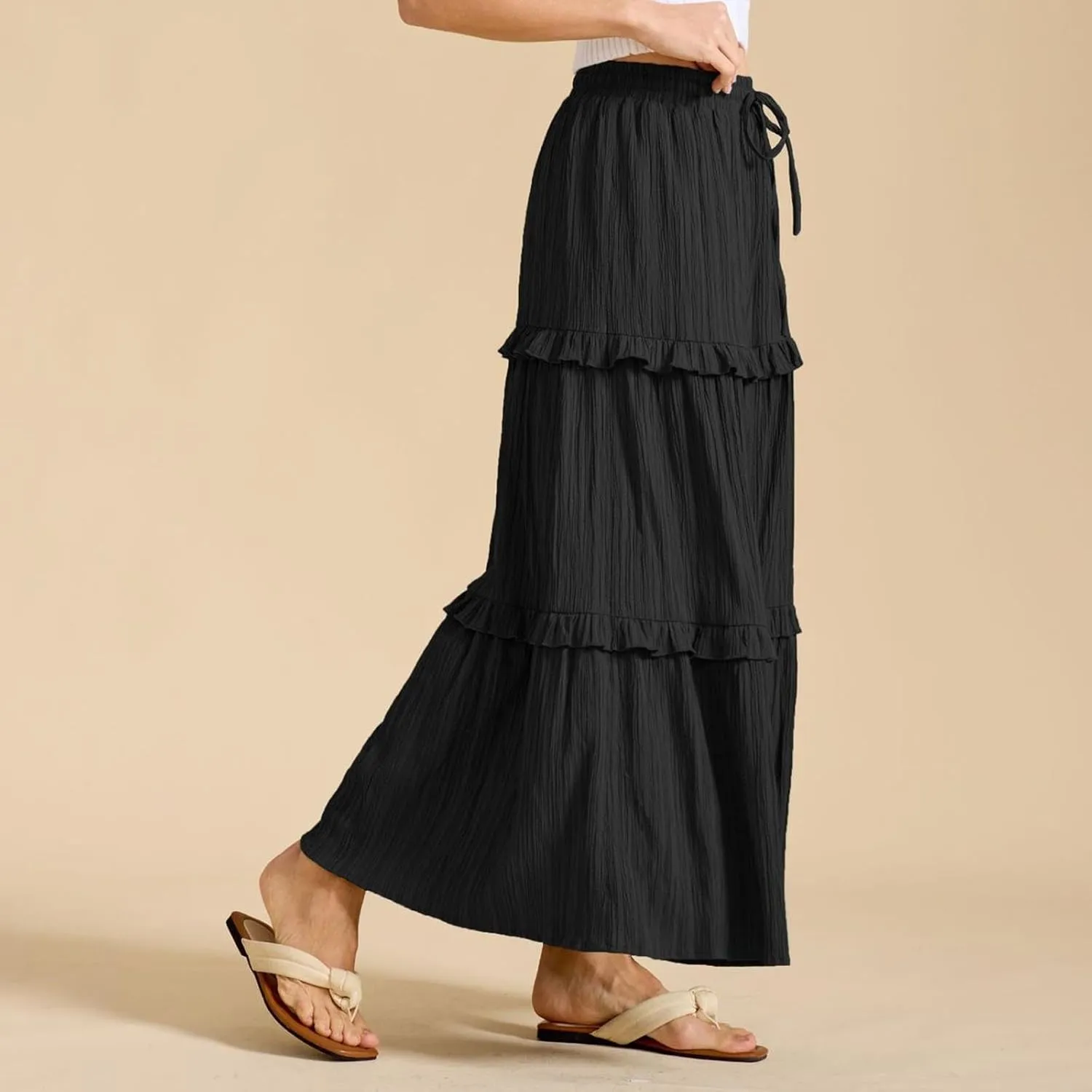 Lmdudan 2025 Women's Boho Tiered Maxi Skirt Elastic High Wasited Flowy Ruffle Skirts Beach Vacation Summer Long Skirt