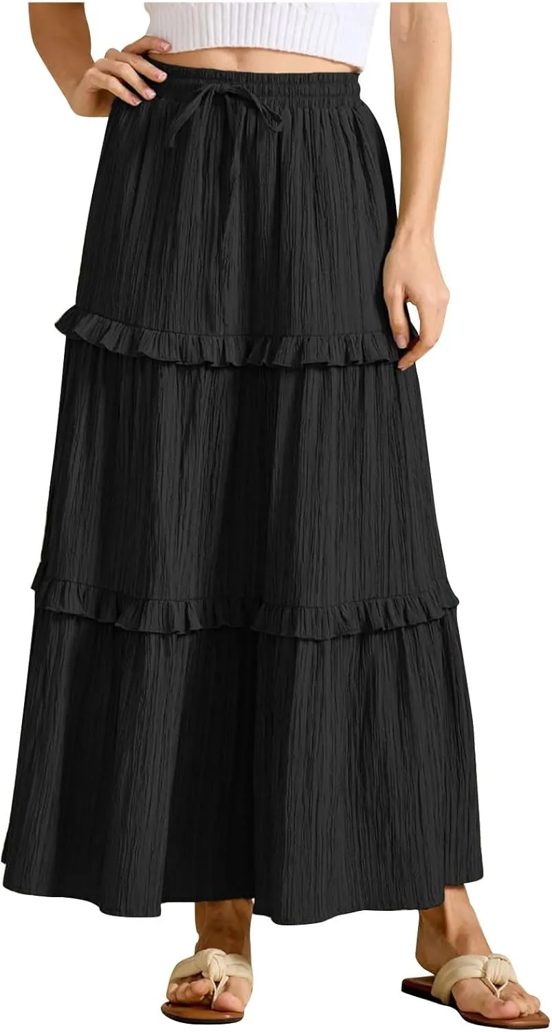 Lmdudan 2025 Women's Boho Tiered Maxi Skirt Elastic High Wasited Flowy Ruffle Skirts Beach Vacation Summer Long Skirt