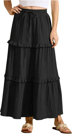 Lmdudan 2025 Women's Boho Tiered Maxi Skirt Elastic High Wasited Flowy Ruffle Skirts Beach Vacation Summer Long Skirt