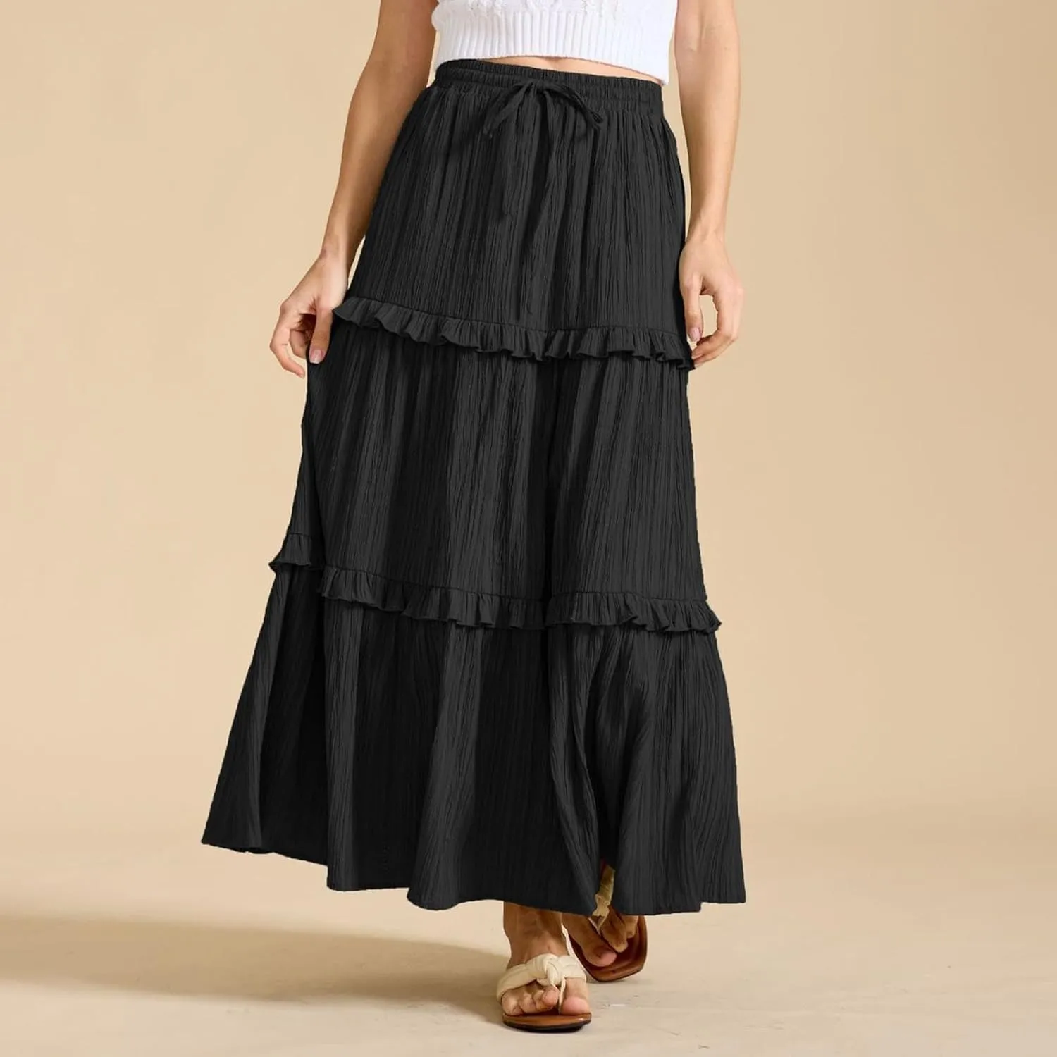 Lmdudan 2025 Women's Boho Tiered Maxi Skirt Elastic High Wasited Flowy Ruffle Skirts Beach Vacation Summer Long Skirt