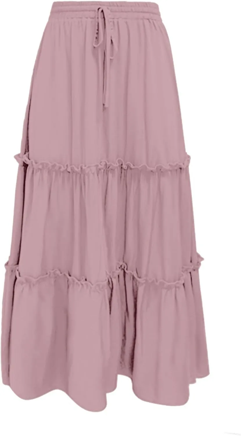 Long Skirts for Women Summer Casual Boho Flowy A Line Elastic Tie Waist Tiered Ruffle Swing Pleated Maxi Skirt Dress
