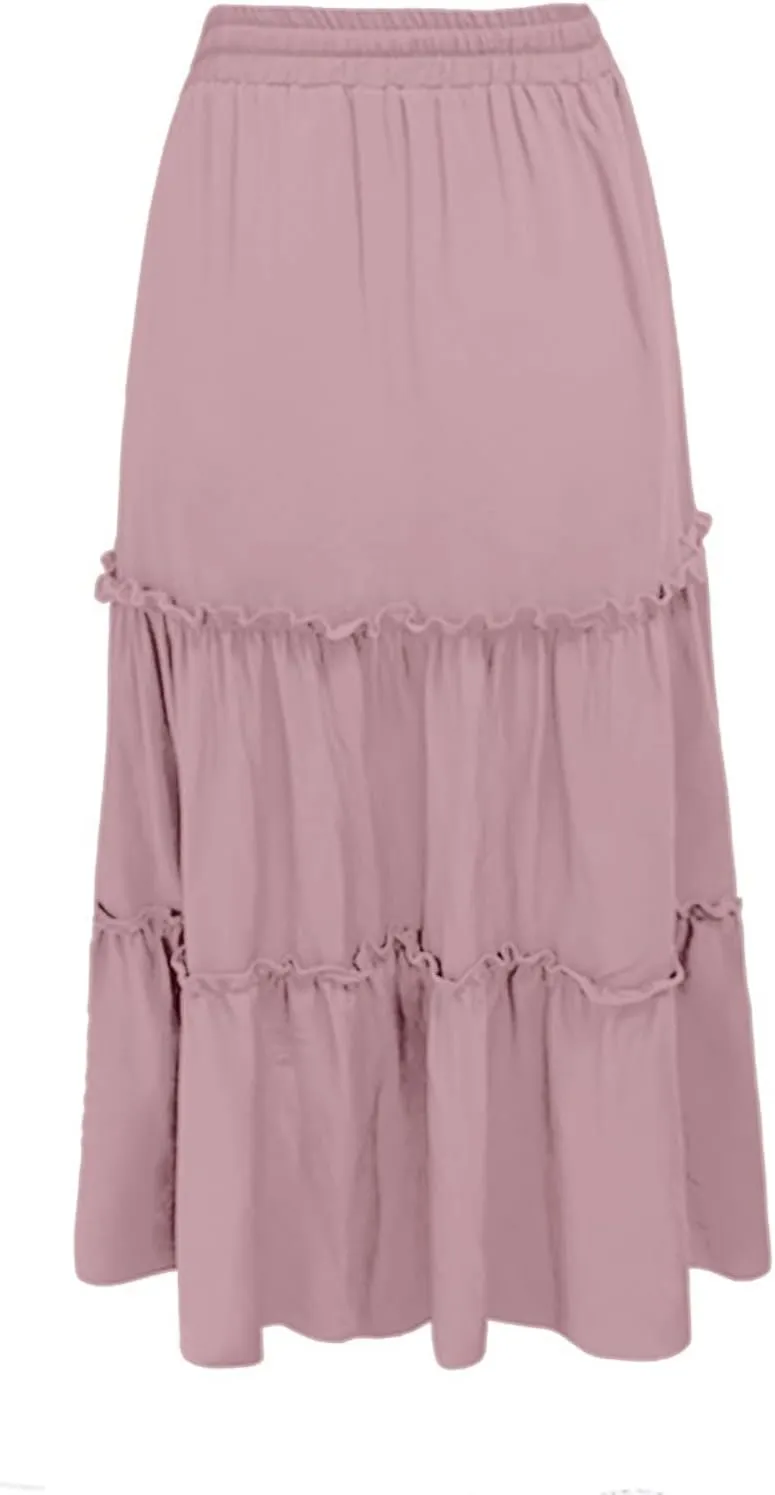 Long Skirts for Women Summer Casual Boho Flowy A Line Elastic Tie Waist Tiered Ruffle Swing Pleated Maxi Skirt Dress
