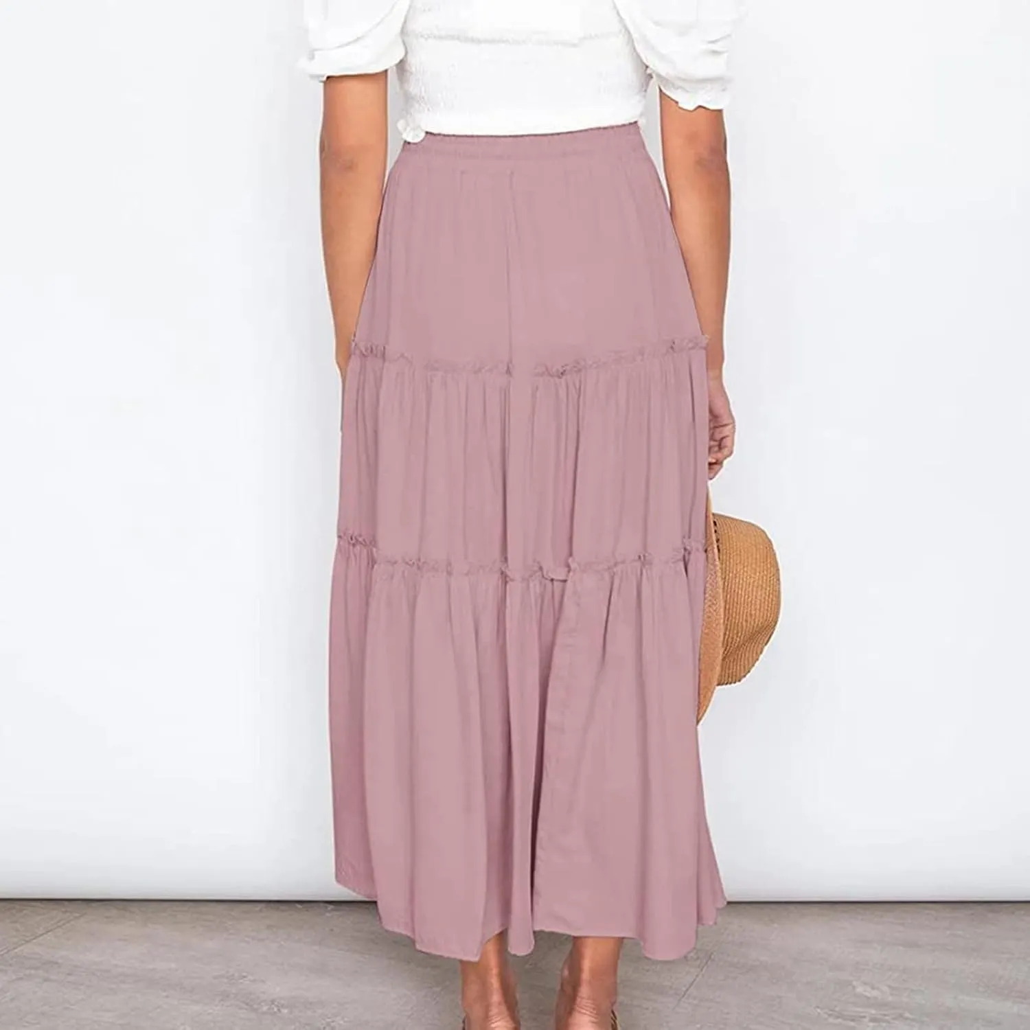 Long Skirts for Women Summer Casual Boho Flowy A Line Elastic Tie Waist Tiered Ruffle Swing Pleated Maxi Skirt Dress