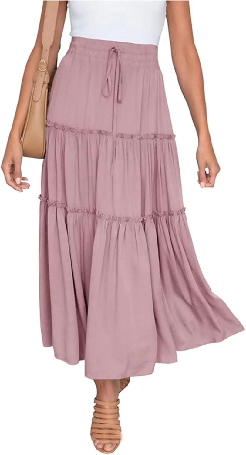 Long Skirts for Women Summer Casual Boho Flowy A Line Elastic Tie Waist Tiered Ruffle Swing Pleated Maxi Skirt Dress
