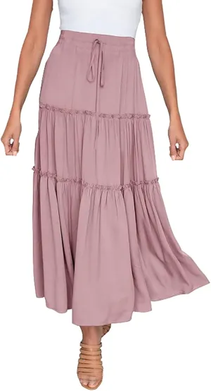 Long Skirts for Women Summer Casual Boho Flowy A Line Elastic Tie Waist Tiered Ruffle Swing Pleated Maxi Skirt Dress