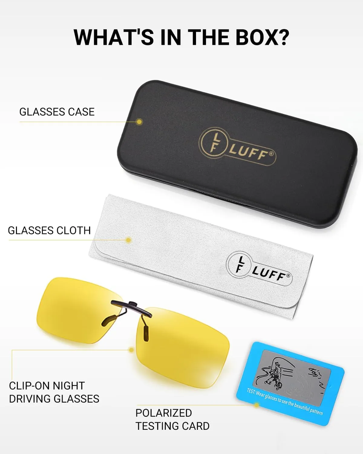 LUFF Night Vision Driving Clip-On Glasses, Polarized Anti-Glare for Wearing Over Glasses - Men and Women