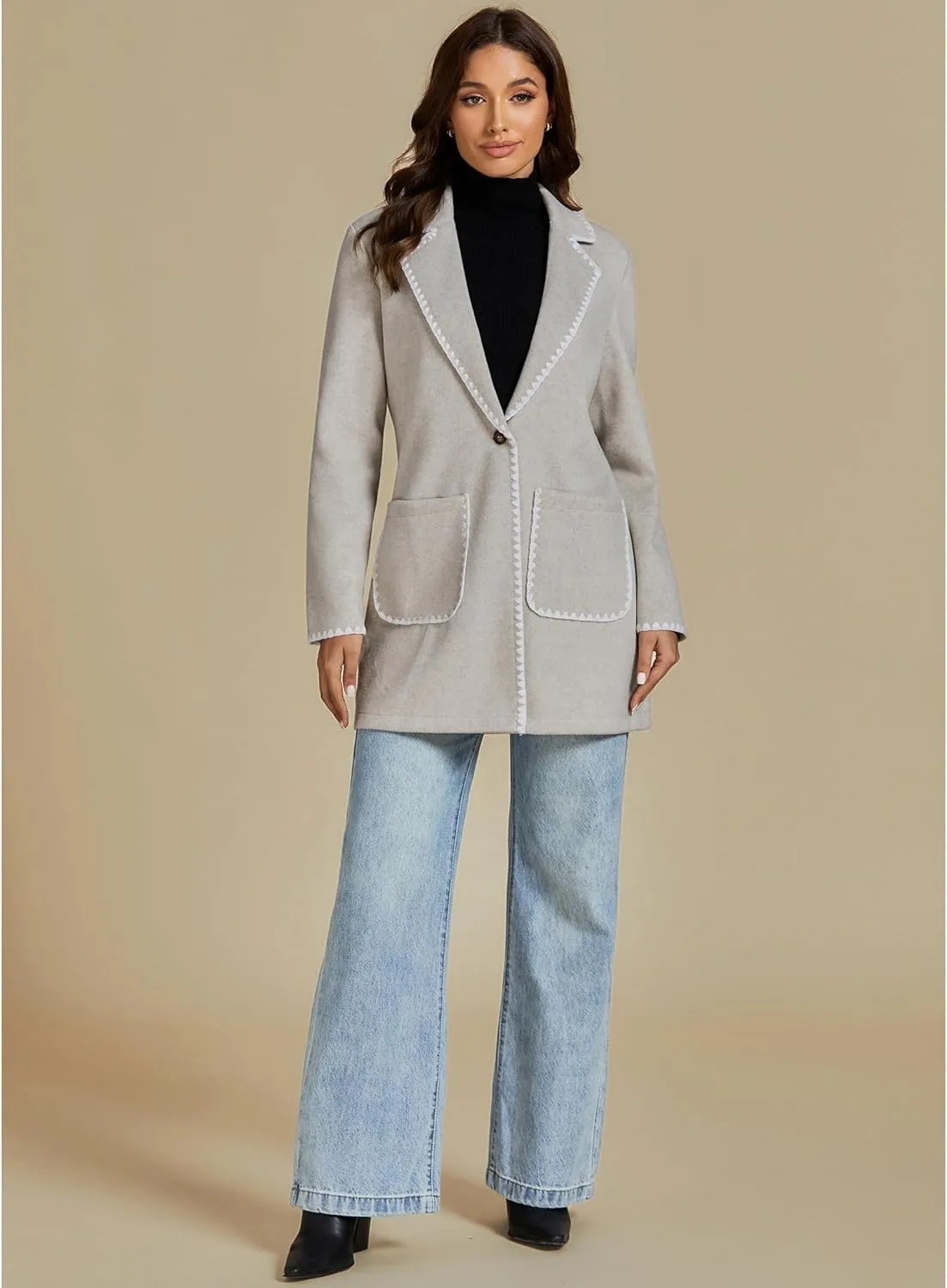 luvamia Pea Coats for Women Trendy Embroidered Contrast Trim Long Peacoat Jackets Lapel Button Winter Coat with Pockets
