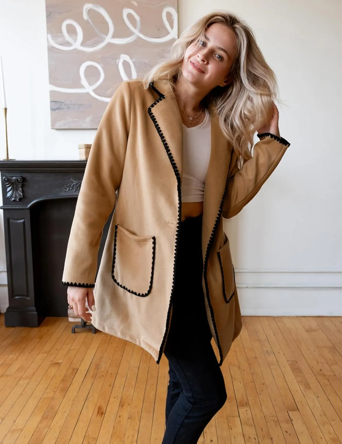 luvamia Pea Coats for Women Trendy Embroidered Contrast Trim Long Peacoat Jackets Lapel Button Winter Coat with Pockets