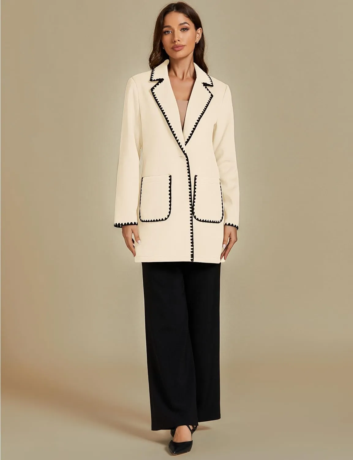 luvamia Pea Coats for Women Trendy Embroidered Contrast Trim Long Peacoat Jackets Lapel Button Winter Coat with Pockets