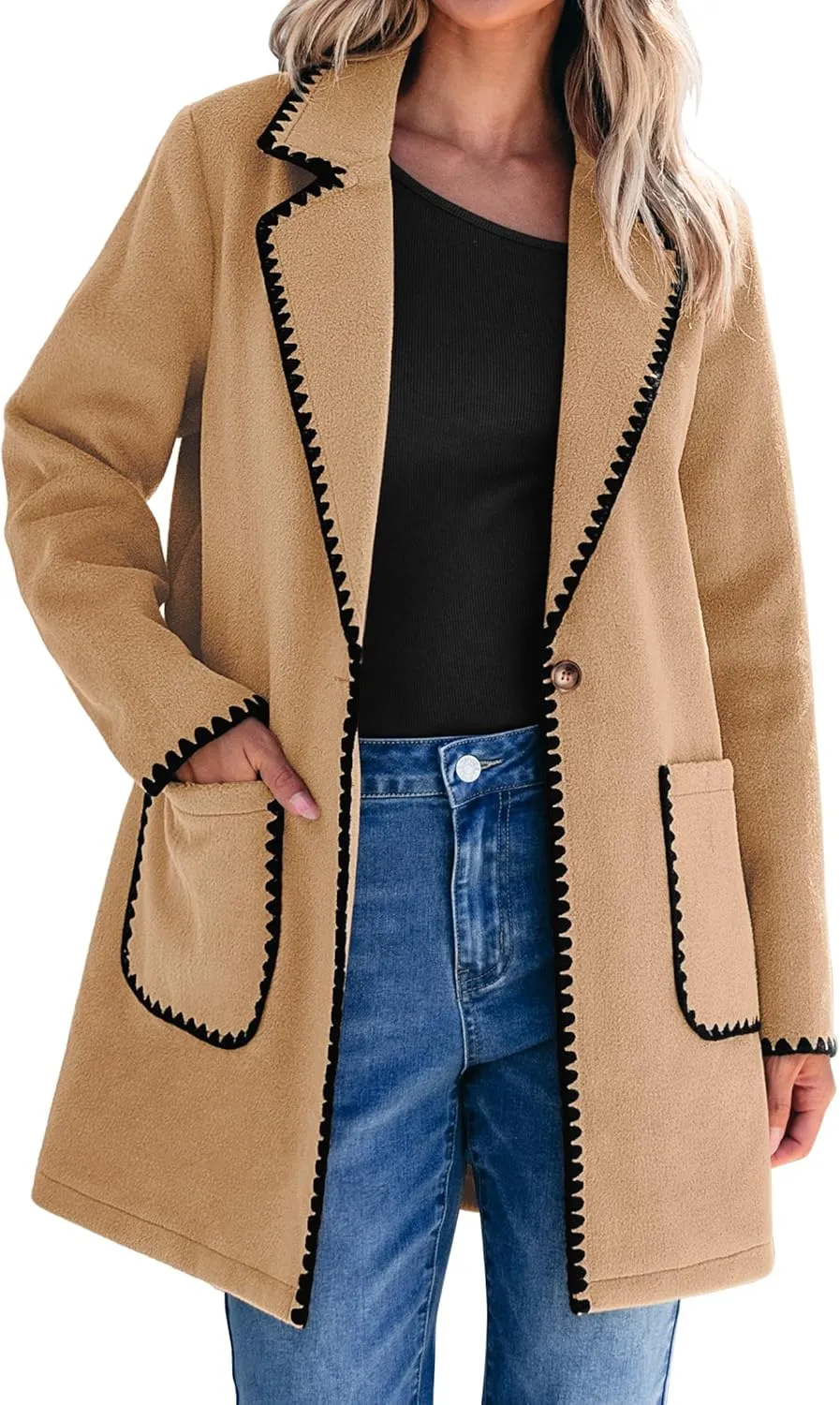 luvamia Pea Coats for Women Trendy Embroidered Contrast Trim Long Peacoat Jackets Lapel Button Winter Coat with Pockets