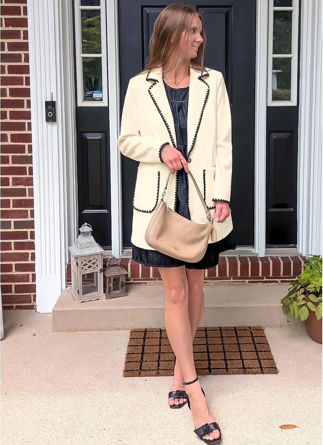 luvamia Pea Coats for Women Trendy Embroidered Contrast Trim Long Peacoat Jackets Lapel Button Winter Coat with Pockets