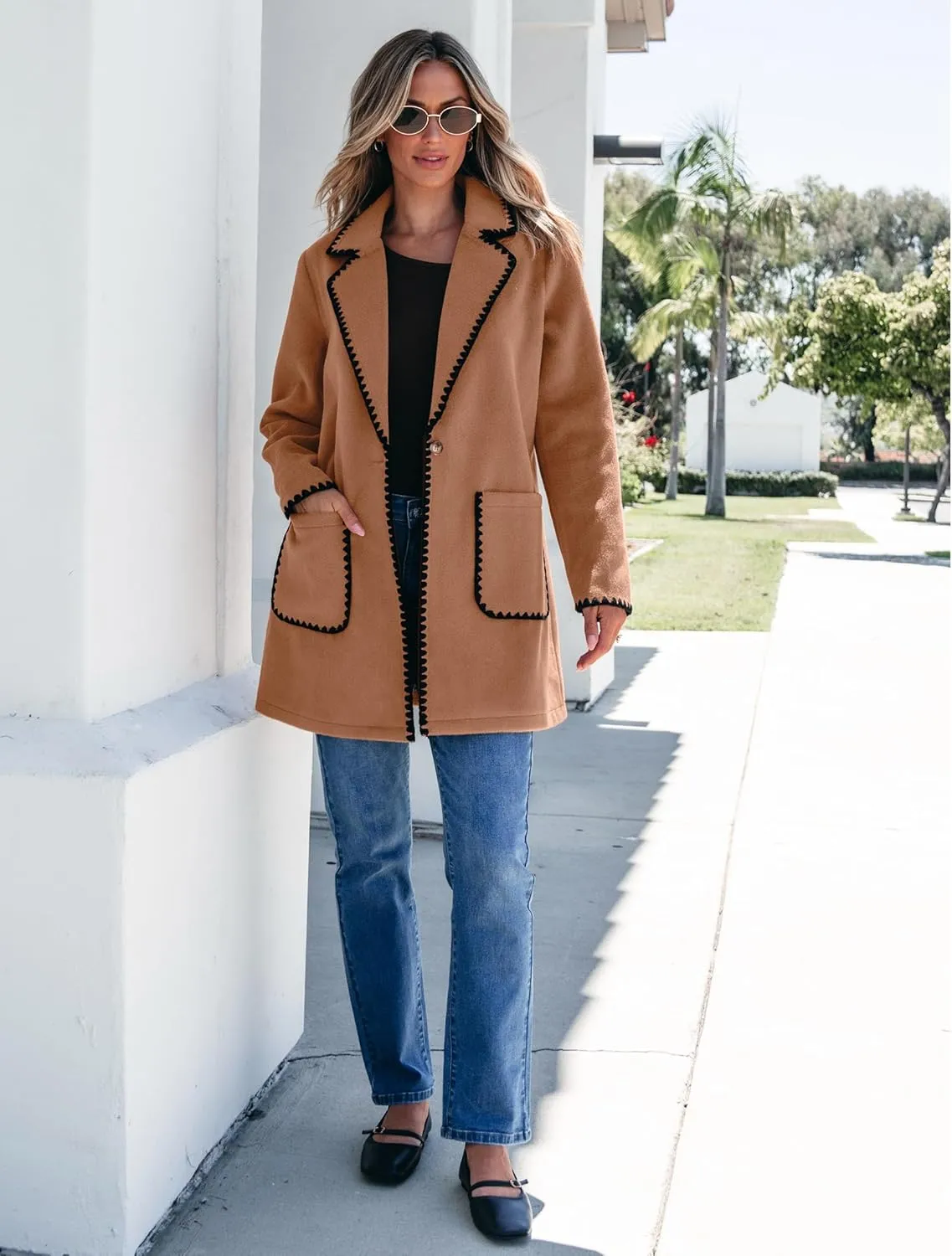luvamia Pea Coats for Women Trendy Embroidered Contrast Trim Long Peacoat Jackets Lapel Button Winter Coat with Pockets