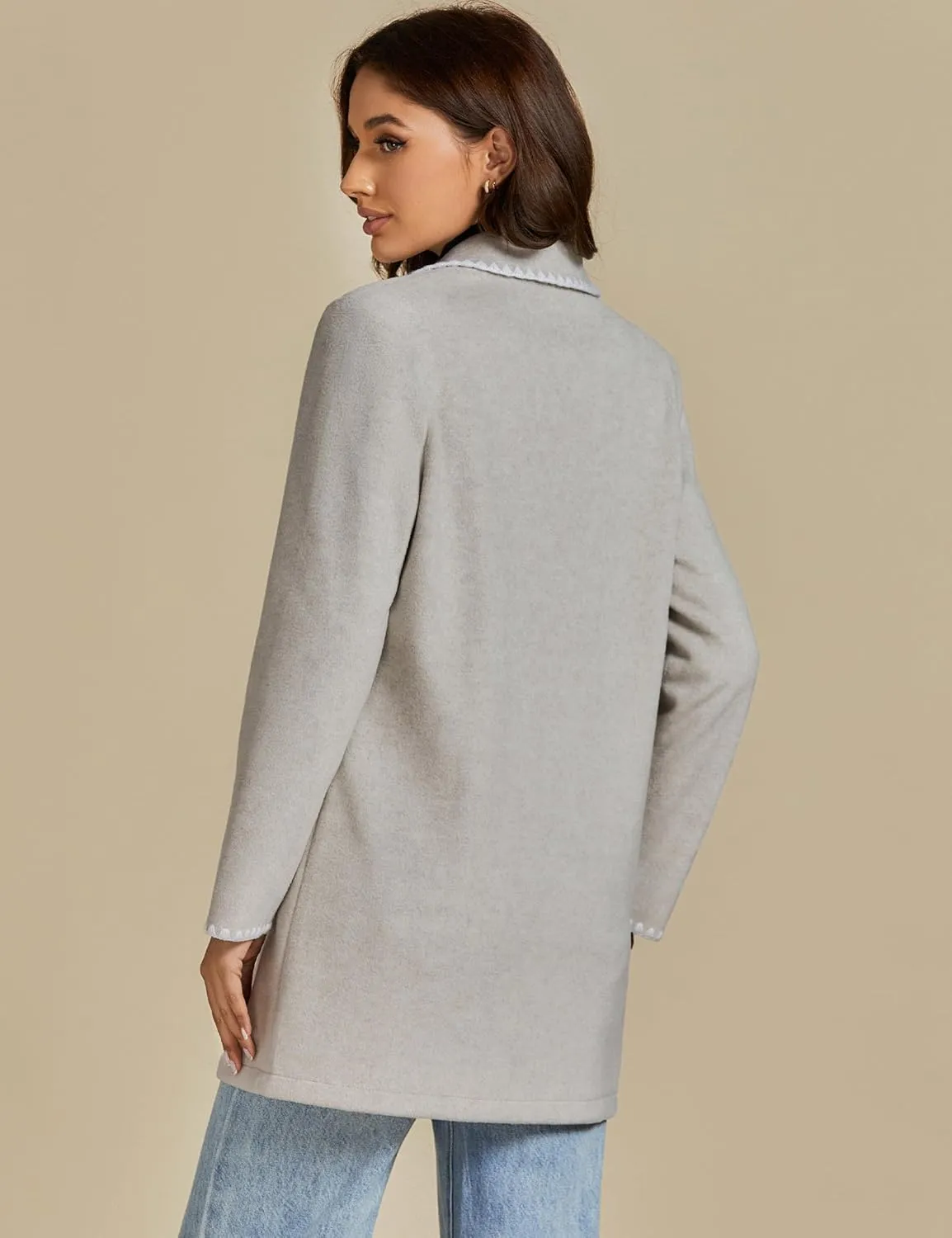 luvamia Pea Coats for Women Trendy Embroidered Contrast Trim Long Peacoat Jackets Lapel Button Winter Coat with Pockets